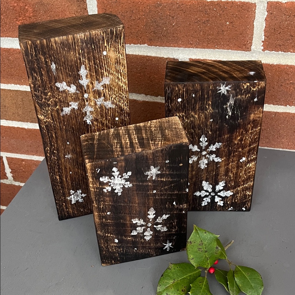 Wooden Snowflake Decor Set Rustic Torched Wood with White Snowflakes Handcrafted